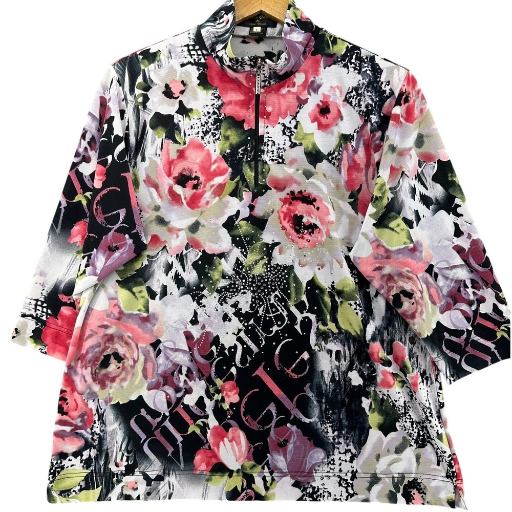 Vintage Jackets Galore Floral Rhinestone Quarter Zip Top Blouse Large Flowercore